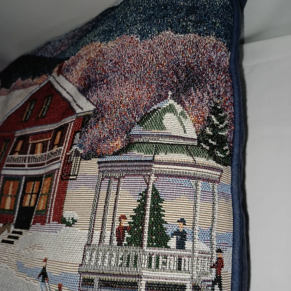 Holiday Tapestry Pillow with Winter Scene 16x16 Christmas Decor